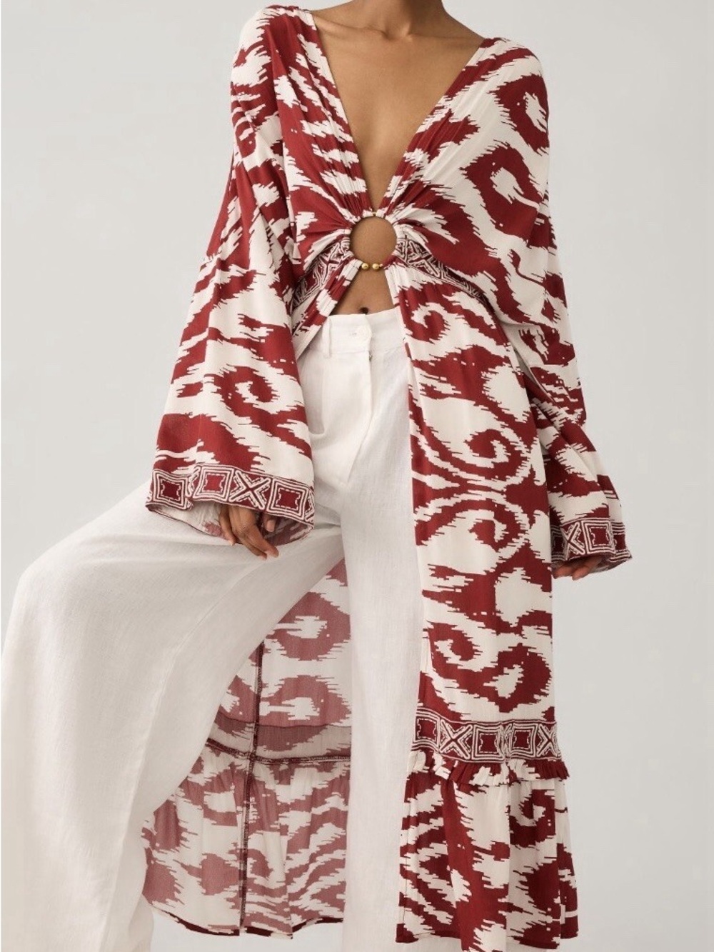 Anthropologie | Printed Front Ring Kaftan Cover Up Kimono Size M/L Red White